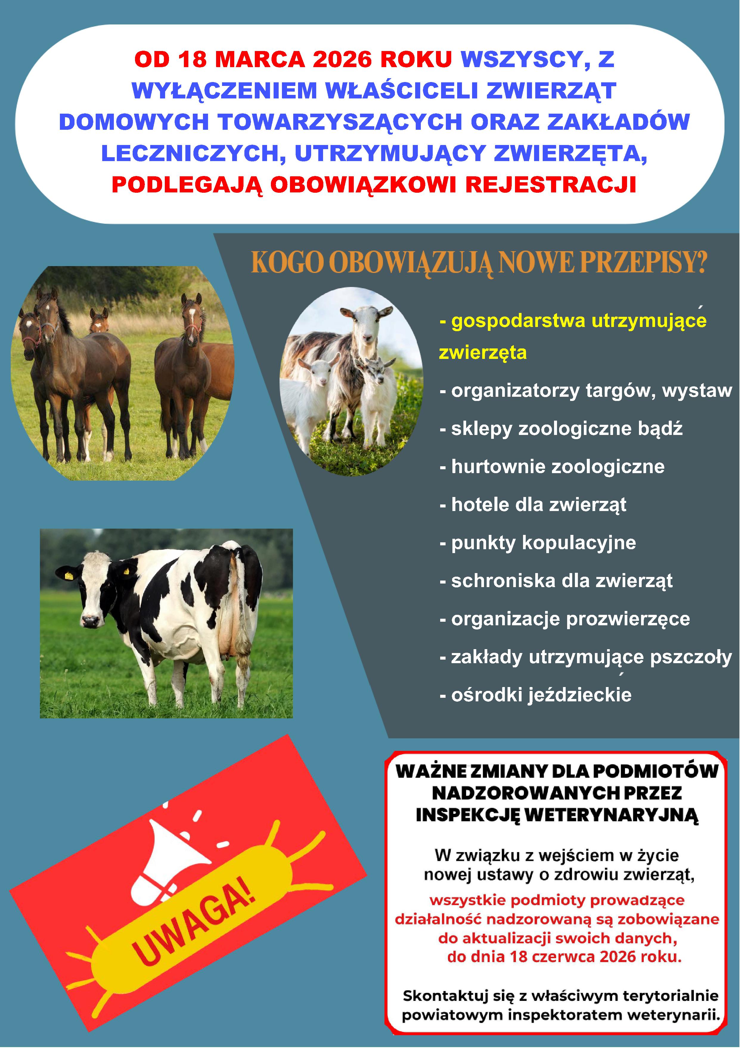 Ilustracja do informacji: OD 18 MARCA 2026 ROKU WSZYSCY, Z WYŁĄCZENIEM WŁAŚCICELI ZWIERZĄT DOMOWYCH TOWARZYSZĄCYCH ORAZ ZAKŁADÓW LECZNICZYCH, UTRZYMUJĄCY ZWIERZĘTA, PODLEGAJĄ OBOWIĄZKOWI REJESTRACJI